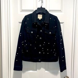 Black denim Pearl embellished Jean Jacket Small S TGLA BOUTIQUE brand oversized